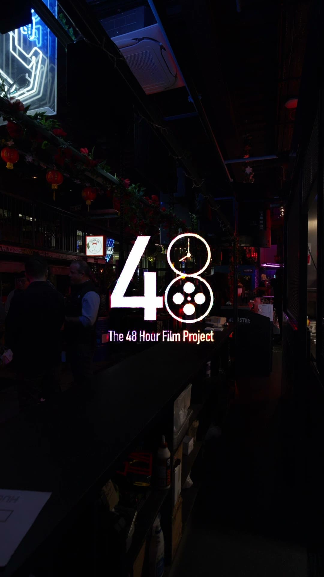 Vertical red carpet interview reel from the 48 Hour Film Project London awards night, with on-screen question cards and festival branding